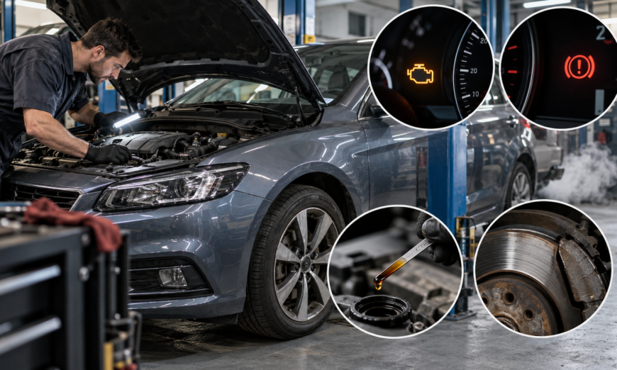 Mechanik kontroluje auto s otvorenou kapotou, brzdami a výstražnými kontrolkami